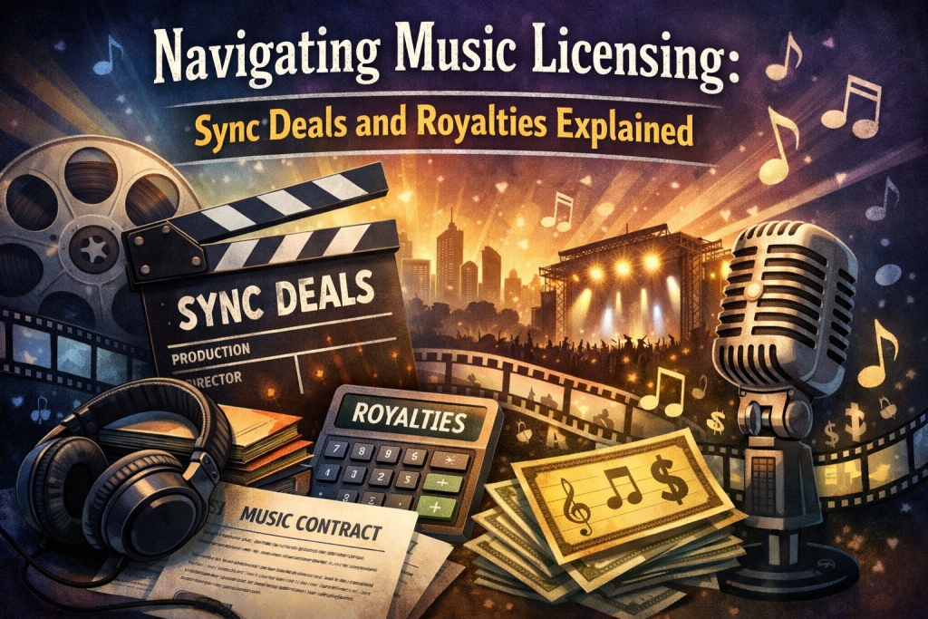 Digital illustration for a blog post on music licensing, featuring a film clapperboard labeled “Sync Deals,” a calculator displaying “Royalties,” a music contract, headphones, a vintage microphone, and floating musical notes and dollar signs against a blue‑purple cityscape and concert‑stage background.