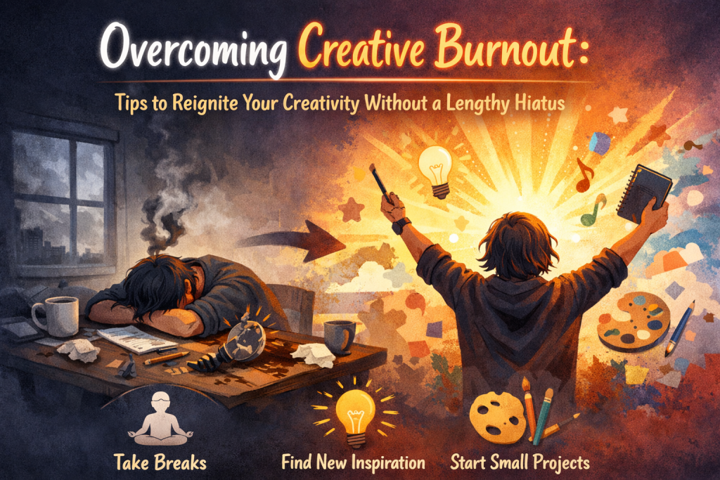 Split‑scene illustration showing the contrast between creative burnout and renewed inspiration. On the left, an exhausted artist slumps over a cluttered desk with a burnt‑out lightbulb and crumpled papers, surrounded by muted, gloomy colors. On the right, the same artist stands energized with arms raised, holding a paintbrush and notebook as bright colors, sunburst light, and creative icons float around them. Three small icons at the bottom highlight key tips: taking breaks, finding new inspiration, and starting small projects.
