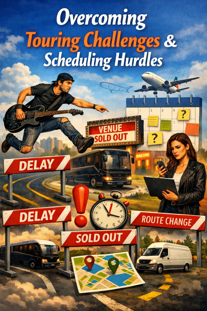 A dynamic illustration showing a touring musician leaping over hurdles labeled “Delay,” “Sold Out,” and “Route Change” with a guitar in hand. A concerned band manager reviews a clipboard and phone. Surrounding elements include a tour bus on a winding road, a concert venue marked “Venue Sold Out,” an airplane above a sticky‑note‑filled calendar, a stopwatch, and a map with location pins — symbolizing the real‑world challenges musicians face when planning tours.