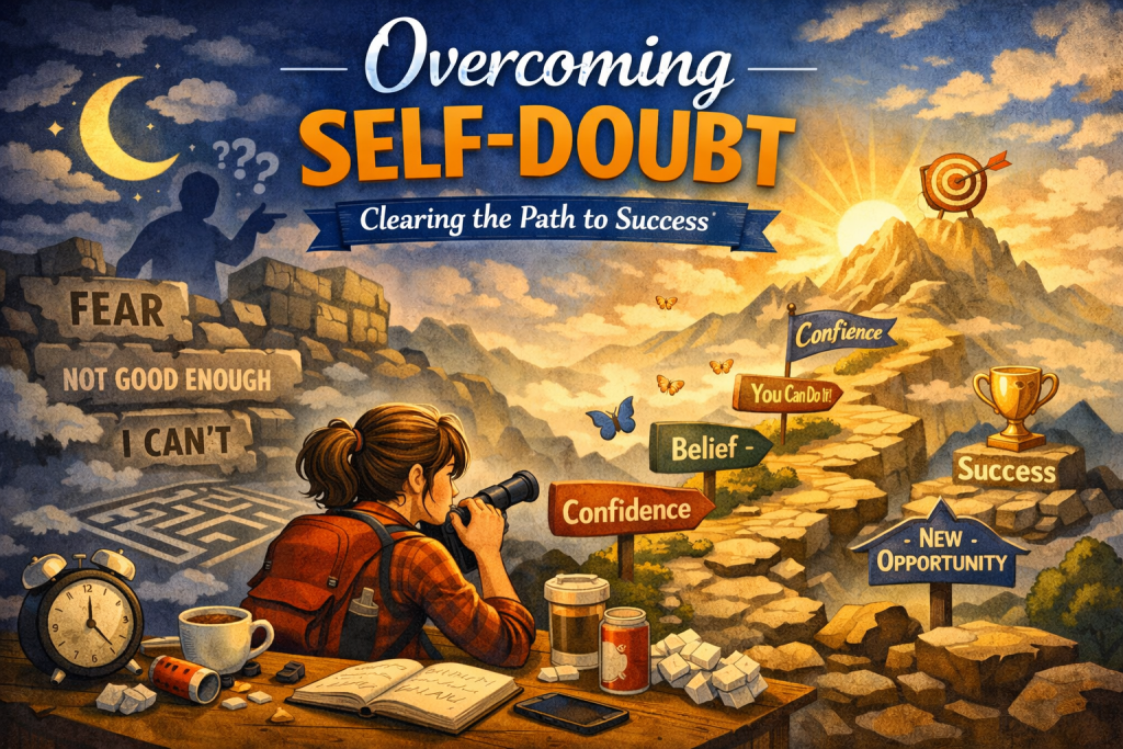 A digital illustration shows a young woman with a red backpack standing at the start of a rocky path. She holds a telescope and faces a sunlit mountain peak in the distance. To her left are symbols of self-doubt: a crumbling wall etched with “FEAR,” “NOT GOOD ENOUGH,” and “I CAN’T,” shadowy figures, and fog-covered mazes. As she walks forward, the path clears and signs appear: “Belief,” “Confidence,” and a flag reading “You Can Do It!” Butterflies flutter and sunlight breaks through clouds. On the right, symbols of success include a trophy, a “New Opportunity” arrow, and a target with an arrow in the bullseye. The sky transitions from stormy to bright, symbolizing clarity and resilience.
