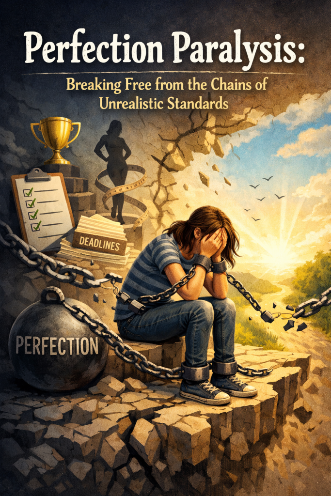 A digital illustration for the blog post “Perfection Paralysis: Breaking Free from the Chains of Unrealistic Standards.” A young woman sits on a cracked stone platform with her head in her hands, chained to a heavy ball labeled “PERFECTION.” Around her are symbols of pressure — a perfect checklist, a trophy, a measuring‑tape‑wrapped figure, and a stack of deadlines. The chains around her begin to break, and she looks toward a bright, open path leading to a sunlit horizon with birds in the sky. The left side is dark and heavy; the right side is warm and hopeful.