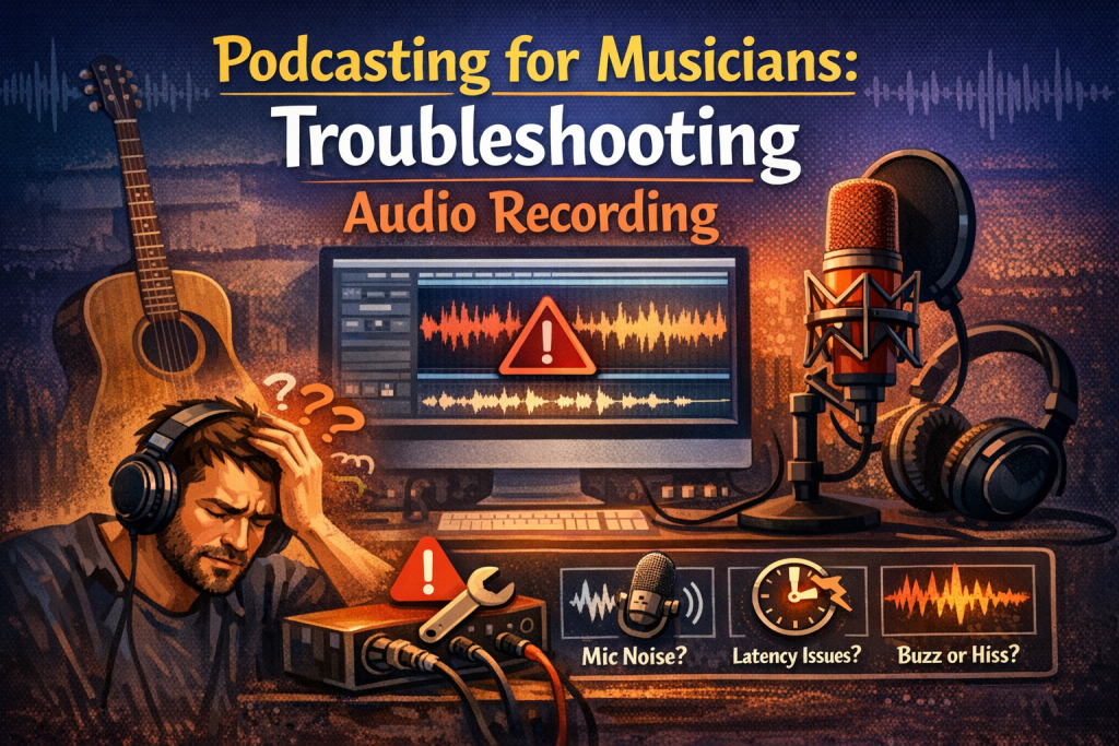 A digital illustration showing a musician troubleshooting podcast audio issues. A computer screen displays a waveform with an “ERROR” warning, surrounded by a microphone with pop filter, headphones, and an audio interface. A frustrated musician wearing headphones holds his head while icons highlight common problems like mic noise, latency, and buzzing. The title “Podcasting for Musicians: Troubleshooting Audio Recording” appears above a dark blue background with waveform graphics.