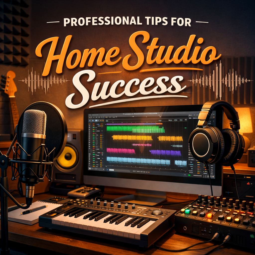 “A warm, modern home studio setup featuring a condenser microphone with pop filter, studio headphones, a DAW session on a computer monitor, a MIDI keyboard, and studio monitors. The blog title ‘Professional Tips for Home Studio Success’ appears above the workspace in bold, glowing lettering. The scene feels inviting, organized, and creativity‑focused.”