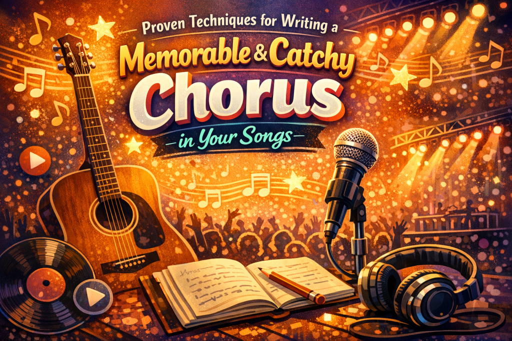 A vibrant, colorful illustration featuring the title “Proven Techniques for Writing a Memorable & Catchy Chorus in Your Songs” in bold 3D lettering. An acoustic guitar, studio microphone, open lyric notebook, pencil, vinyl record, and headphones sit in the foreground. Musical notes, stars, and concert lights fill the background with a warm orange‑to‑purple gradient, creating an energetic, creative songwriting atmosphere.
