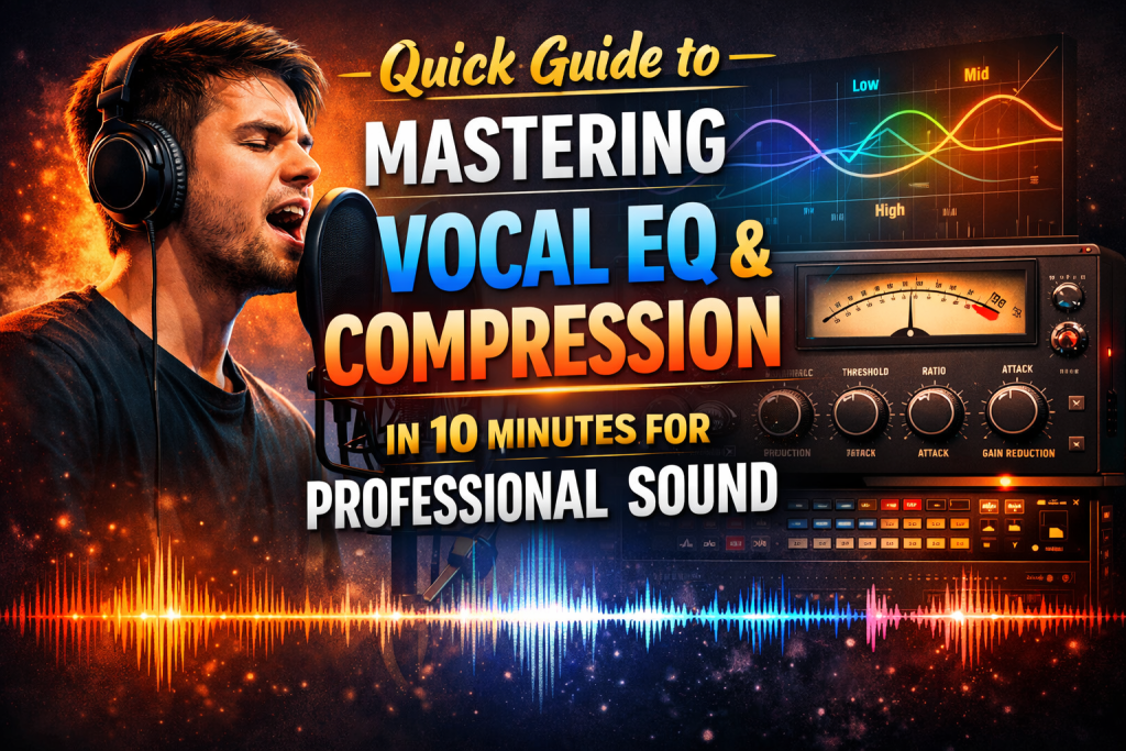 A young male vocalist wearing studio headphones sings passionately into a condenser microphone with a pop filter. To the right, colorful EQ curves labeled low, mid, and high sit above a compressor interface with knobs for threshold, ratio, attack, and gain reduction. Bold title text reads “Quick Guide to Mastering Vocal EQ & Compression in 10 Minutes for Professional Sound,” surrounded by waveform graphics and glowing accents on a dark studio background.