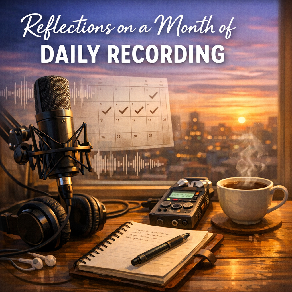 A warm, softly lit desk setup featuring a microphone, headphones, an open notebook with a pen, and a digital audio recorder. A steaming cup of coffee sits to the right, and a blurred sunset cityscape glows through the window in the background. Subtle waveform graphics and a faint calendar overlay evoke the theme of daily recording and reflection.