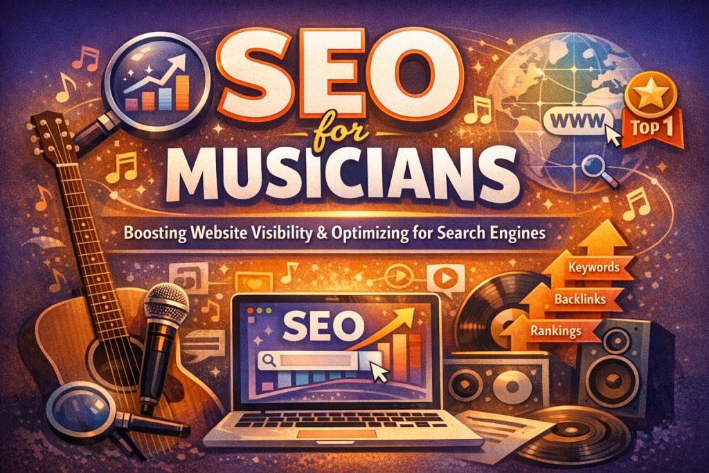 “Illustration showing ‘SEO for Musicians’ with a laptop displaying SEO analytics, musical instruments like a guitar and microphone, rising ranking arrows, and digital icons representing search visibility and music promotion.”