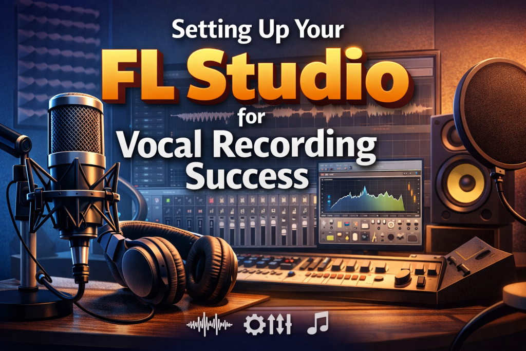 “Digital illustration of a home vocal recording setup featuring a large condenser microphone on a shock mount, over‑ear headphones, and a computer monitor displaying the FL Studio interface with vocal waveforms and mixer channels. Acoustic foam panels and a studio monitor speaker sit in the background. Bold title text reads ‘Setting Up Your FL Studio for Vocal Recording Success.’ Cool blue and purple lighting creates a calm, professional studio vibe.”