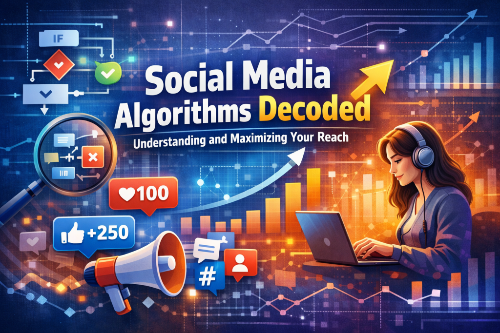 A vibrant digital illustration showing the title “Social Media Algorithms Decoded” with the subtitle “Understanding and Maximizing Your Reach” over a blue‑purple tech background. A magnifying glass highlights an algorithm flowchart, an upward‑trending graph rises in the center, and a creator wearing headphones works on a laptop. Floating social media icons—likes, hearts, comments, and notifications—surround the scene, symbolizing engagement and algorithm signals.