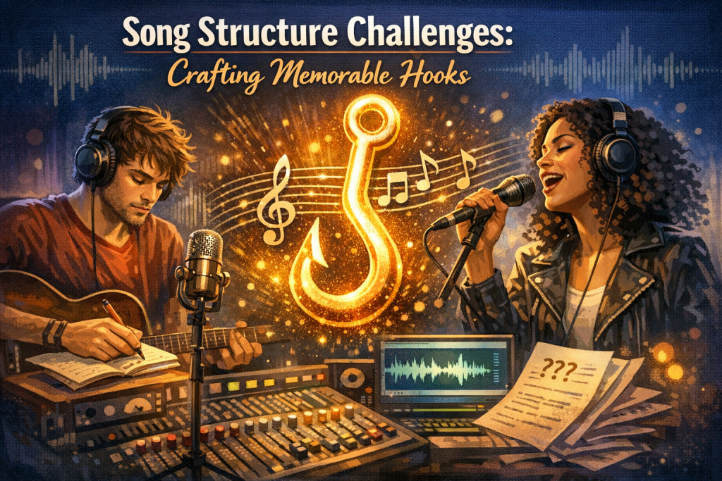 “Illustration of two musicians creating a song: a guitarist writing hook ideas in a notebook and a vocalist singing into a studio microphone, with a glowing musical hook symbol and audio waveforms representing the challenge of crafting memorable hooks in modern songwriting.”