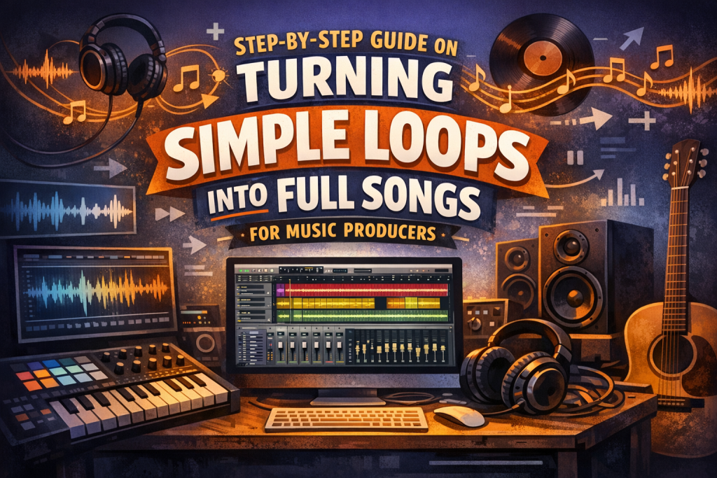 A vibrant digital illustration showing a music producer’s workspace with a DAW session, MIDI keyboard, studio monitors, and colorful waveforms. Bold 3D text reads “Step-by-Step Guide on Turning Simple Loops into Full Songs for Music Producers,” surrounded by musical notes and looping waveform graphics. The scene conveys creativity, structure, and the process of building full tracks from simple ideas.
