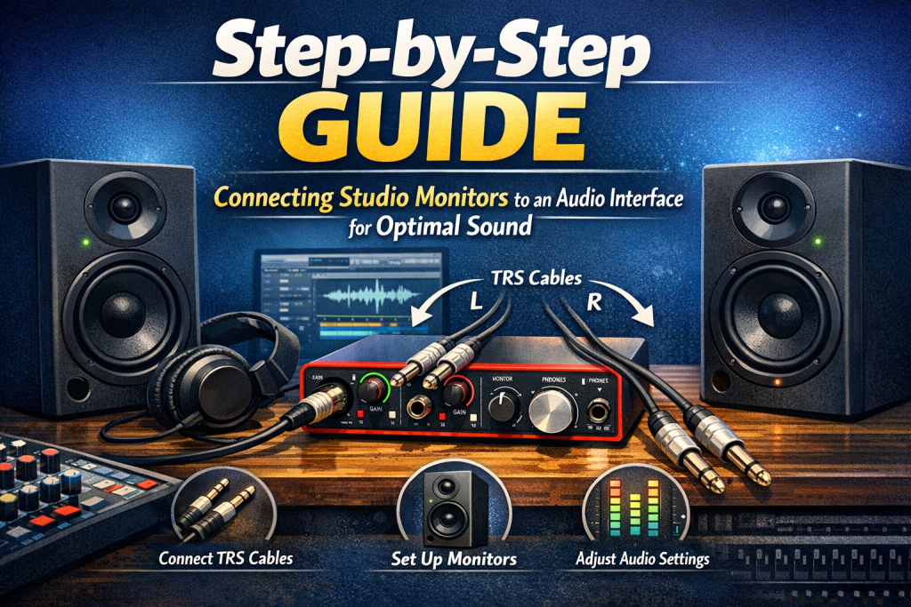 A clean home‑studio workspace featuring two black studio monitors connected to a compact audio interface with TRS cables. A DAW waveform glows on the computer screen in the background, with headphones and a small mixing console on the desk. The layout visually reinforces the step‑by‑step process of connecting studio monitors for accurate, optimal sound.