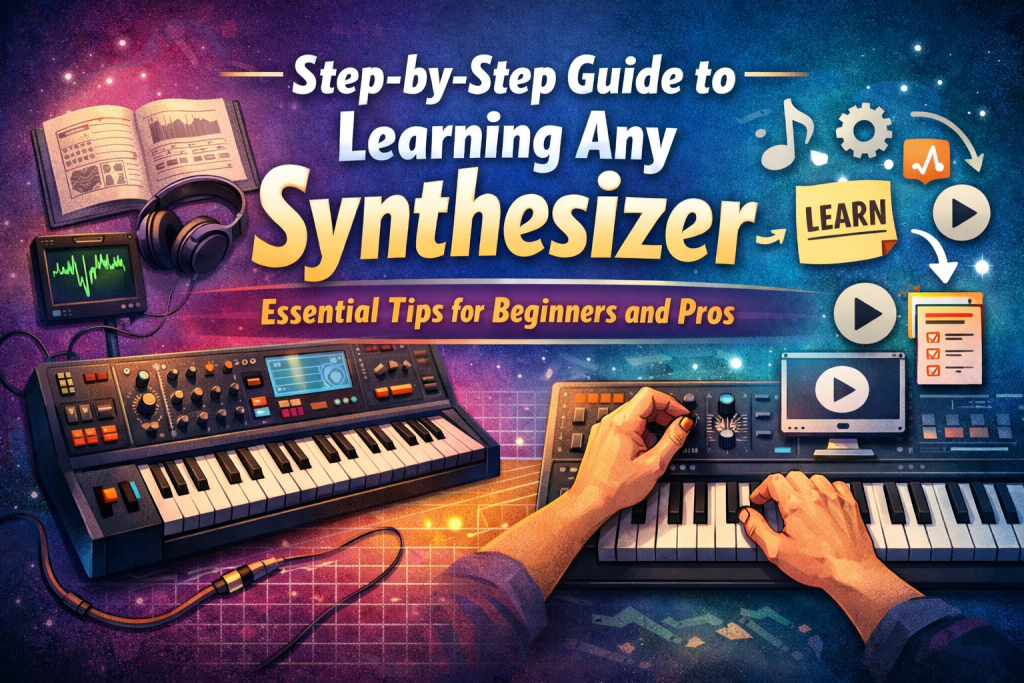 A colorful, cosmic‑gradient blog header featuring the title “Step‑by‑Step Guide to Learning Any Synthesizer” with illustrations of a synthesizer keyboard, modulation diagrams, hands adjusting knobs, and beginner‑friendly learning icons like waveforms, arrows, and a play button. The design conveys clarity, creativity, and a structured path for learning any synth.