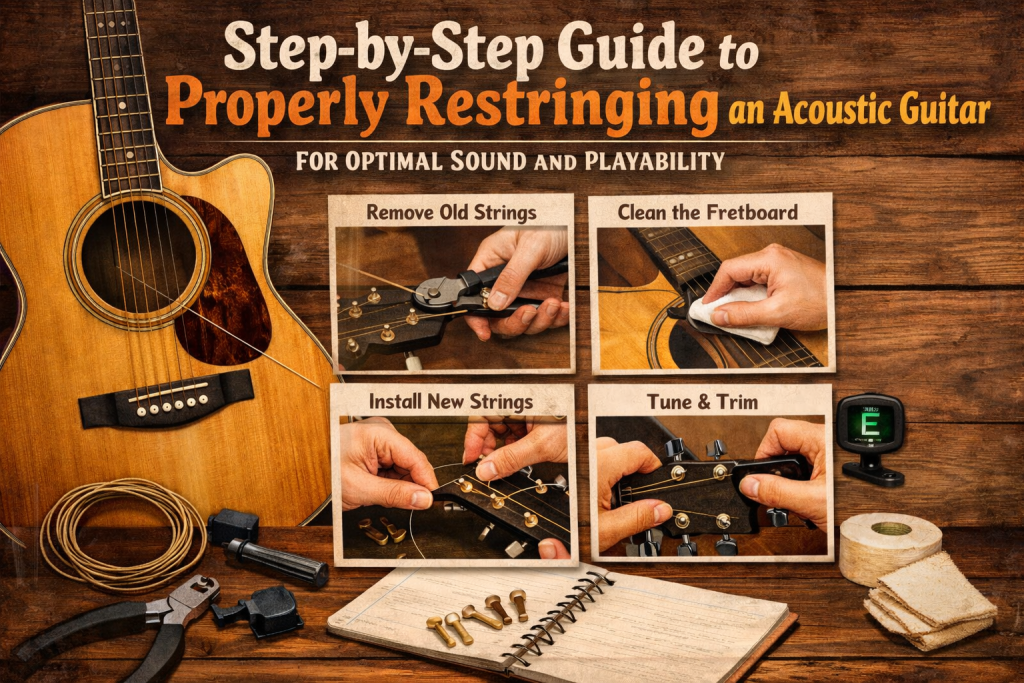 A warm, step‑by‑step instructional graphic showing an acoustic guitar being restrung, with close‑up panels demonstrating removing old strings, cleaning the fretboard, installing new strings, and tuning for optimal sound and playability. Includes tools like a string winder, wire cutters, and fresh strings arranged neatly for beginners.