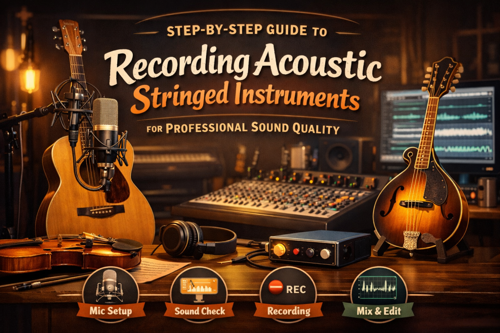 A warm, softly lit home‑studio setup featuring an acoustic guitar, violin, and mandolin arranged around high‑quality condenser and ribbon microphones. A mixing console and audio interface glow in the background, emphasizing a professional yet approachable recording environment. The scene highlights precise mic placement, natural wood tones, and a calm, organized workspace designed for capturing clean, mix‑ready acoustic string performances.