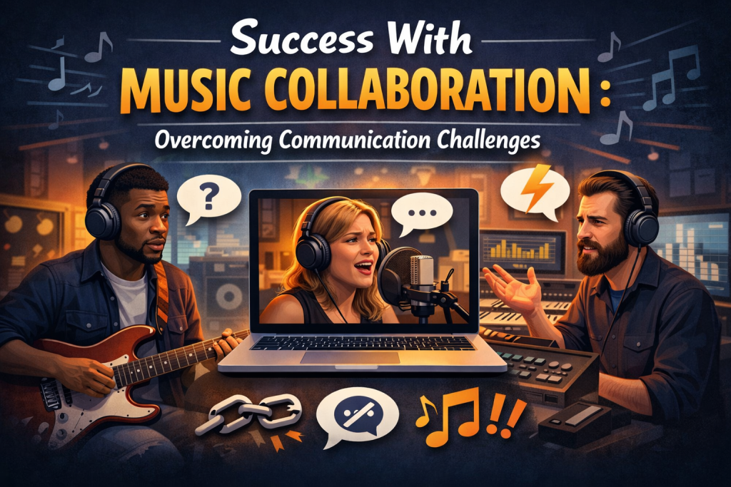 “A digital illustration showing three musicians collaborating remotely and in‑studio. On the left, a guitarist wearing headphones looks confused, with a question‑mark speech bubble above him. In the center, a laptop displays a singer on a video call, wearing headphones and looking frustrated as she sings into a microphone. On the right, a bearded producer at a mixing console gestures in frustration with a lightning‑bolt speech bubble overhead. The background includes sound waves, connection lines, and subtle studio elements, visually representing communication challenges in music collaboration.”