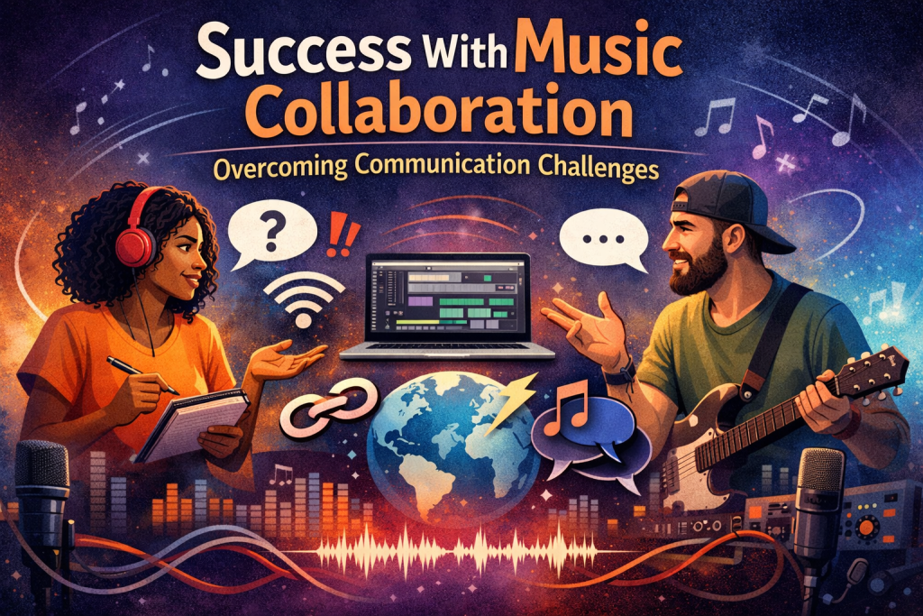 “Illustration of two musicians collaborating remotely, each expressing confusion and effort as they try to communicate across a digital workspace. A laptop with audio tracks sits between them, surrounded by icons representing communication barriers—broken chain, weak Wi‑Fi, mismatched speech bubbles. The scene uses vibrant colors to symbolize creative energy while highlighting the challenges of music collaboration.”
