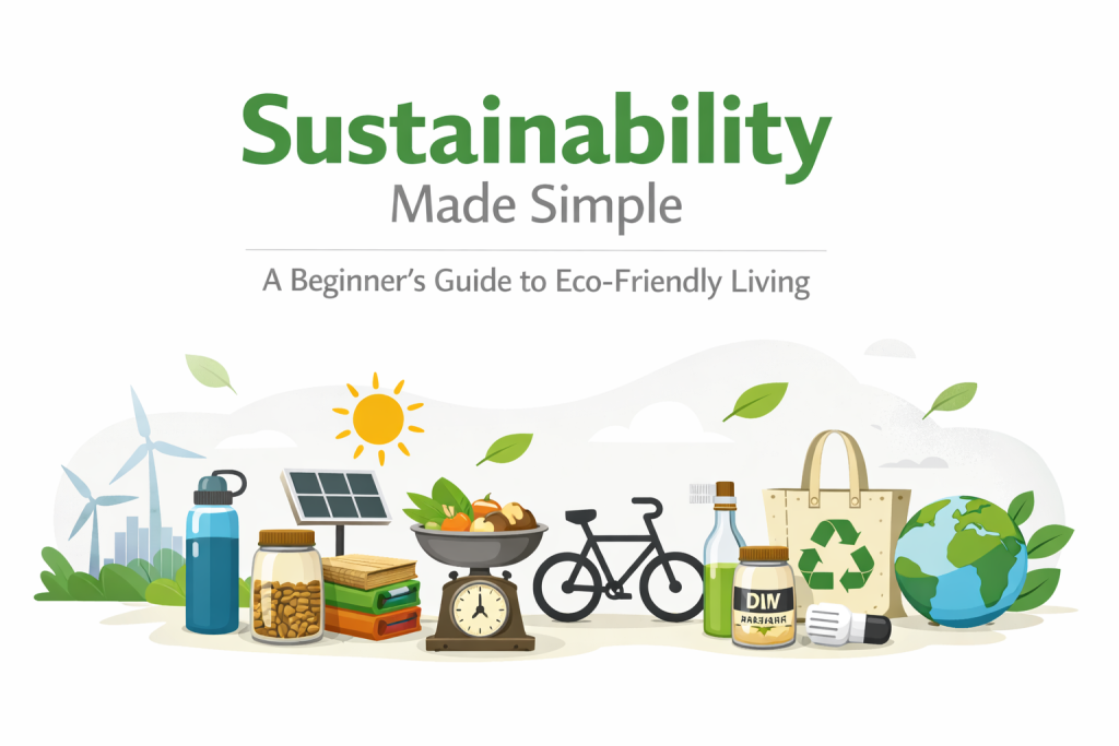 Clean, modern illustration for “Sustainability Made Simple: A Beginner’s Guide to Eco-Friendly Living” with the title in bold green and gray text above. Visual icons include a reusable water bottle, solar panel with a sun, plant in a pot, bicycle, tote bag with a recycling symbol, and a globe with leaves.