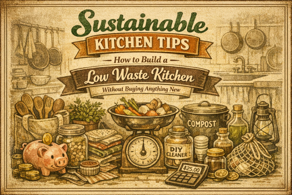 Vintage-style illustration for “Sustainable Kitchen Tips: How to Build a Low Waste Kitchen Without Buying Anything New” featuring retro lettering and aged textures. Visuals include glass jars, wooden utensils, mismatched ceramic dishes, cloth napkins, antique scale with vegetable scraps, compost bucket, DIY cleaner jar, beeswax wraps, and mesh produce bag. Background shows an old-fashioned kitchen sink, hanging pots, and a curtained window.