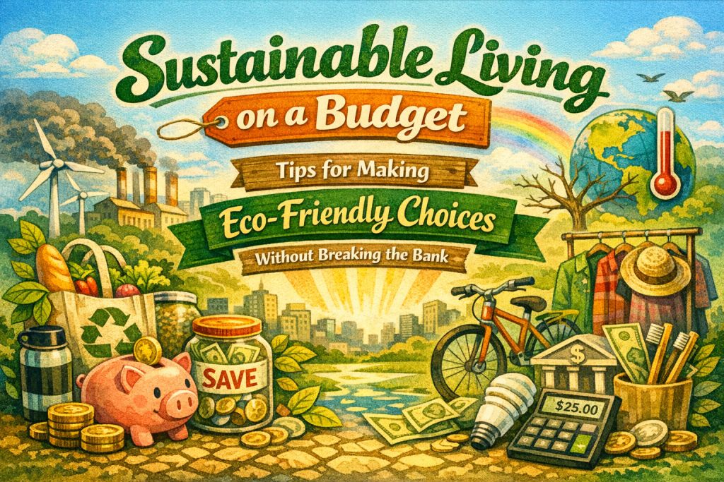 Colorful illustration for “Sustainable Living on a Budget: Tips for Making Eco-Friendly Choices Without Breaking the Bank” featuring a green and yellow title, an orange price tag labeled “on a Budget,” and banners with the subtitle. Visuals include a piggy bank, “SAVE” jar, reusable shopping bag with produce, second-hand clothes, bamboo toothbrushes, LED bulb, bicycle, and calculator. Background shows wind turbines, city skyline, birds, and a rainbow.