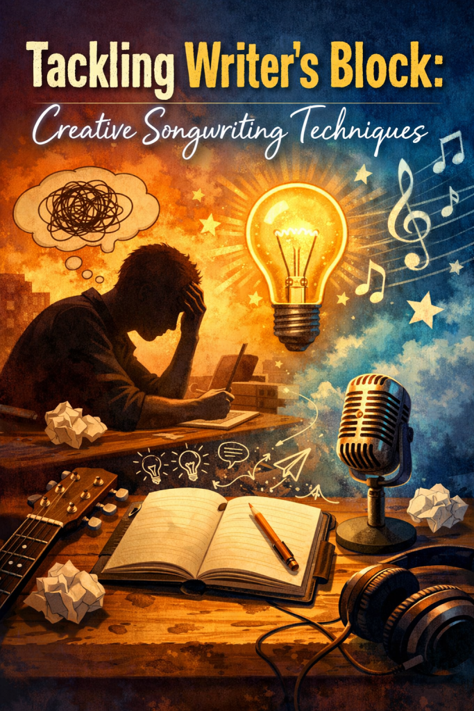 “Digital illustration of a songwriter overcoming writer’s block: a glowing lightbulb, floating musical notes, and a warm-to-cool gradient sky frame a desk with an open notebook, pencil, guitar neck, vintage microphone, and scattered crumpled pages. The scene blends frustration and inspiration, symbolizing creative songwriting techniques sparking new ideas.”