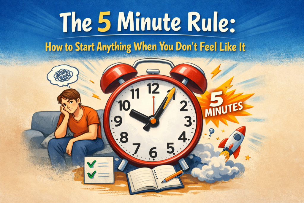 “Vibrant illustrated header image for a blog post titled The 5 Minute Rule: How to Start Anything When You Don’t Feel Like It. On the left, a tired person slumps on a couch, looking unmotivated with a scribble thought bubble overhead. On the right, a large red alarm clock bursts with energy, surrounded by lightning bolts and motion lines, highlighting a bright ‘5 MINUTES’ badge. Below the clock are small icons—a checklist, an open notebook with a pencil, and a tiny rocket launching upward—symbolizing momentum and tiny wins. The background shifts from bold blue at the top to warm beige at the bottom, creating a sense of gentle activation.”