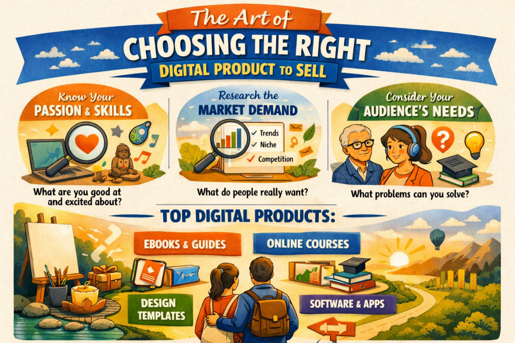 An infographic titled “The Art of Choosing the Right Digital Product to Sell” is divided into clear sections. At the top, the title is displayed in white and yellow text on orange and blue banners. The upper half features three circular modules: “Know Your Passion & Skills” with icons of a heart, laptop, and creative tools; “Research the Market Demand” with a magnifying glass, bar graph, and checklist; and “Consider Your Audience’s Needs” with diverse character icons and symbols of questions and ideas. The lower half showcases four digital product types: “Ebooks & Guides,” “Online Courses,” “Design Templates,” and “Software & Apps,” each in a colorful box with matching icons. At the bottom, a person stands at a crossroads with signs reading “Choose Wisely!” and arrows pointing to the product options. The layout is clean and colorful, emphasizing clarity and decision-making.