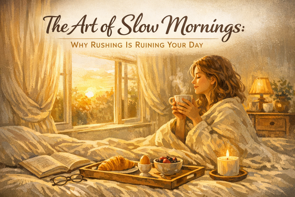 A cozy bedroom at sunrise with warm golden light streaming through sheer curtains. A woman sits on her bed wrapped in a soft blanket, holding a steaming mug with her eyes closed in a calm, reflective moment. An open book, breakfast tray, and lit candle rest beside her, creating a peaceful slow‑morning atmosphere. The headline “The Art of Slow Mornings: Why Rushing Is Ruining Your Day” appears above the scene in elegant typography.