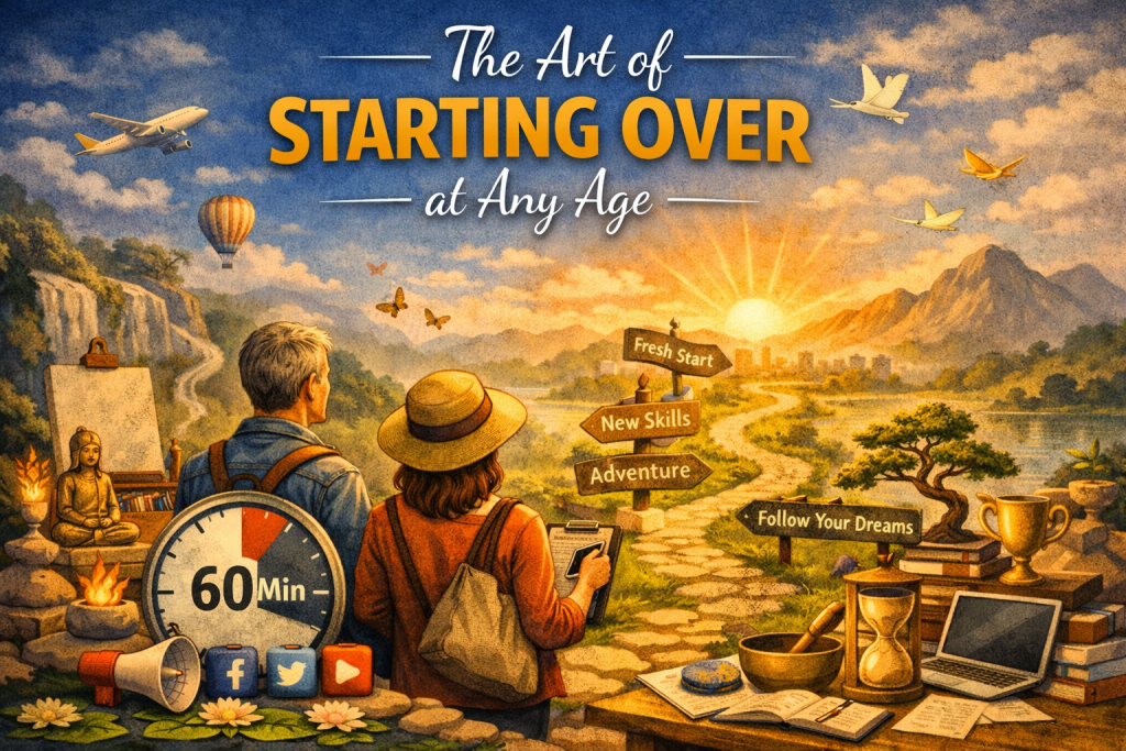 A warm, inspirational illustration shows a man and woman standing side by side, facing a winding path that stretches toward a sunlit horizon. The man wears a denim jacket and backpack; the woman wears a sun hat and carries a canvas bag. Along the path are signposts labeled “Fresh Start,” “New Skills,” “Adventure,” “Follow Your Dreams,” and “New Career.” On the left are symbols of reinvention: a blank canvas, books, a potted plant, a suitcase, and a globe. On the right are a laptop, graduation cap, and a “New Career” sign. The path leads toward a glowing sunrise with a cityscape on one side and mountains on the other. A hot air balloon, butterflies, and birds float in the sky, evoking possibility and renewal.