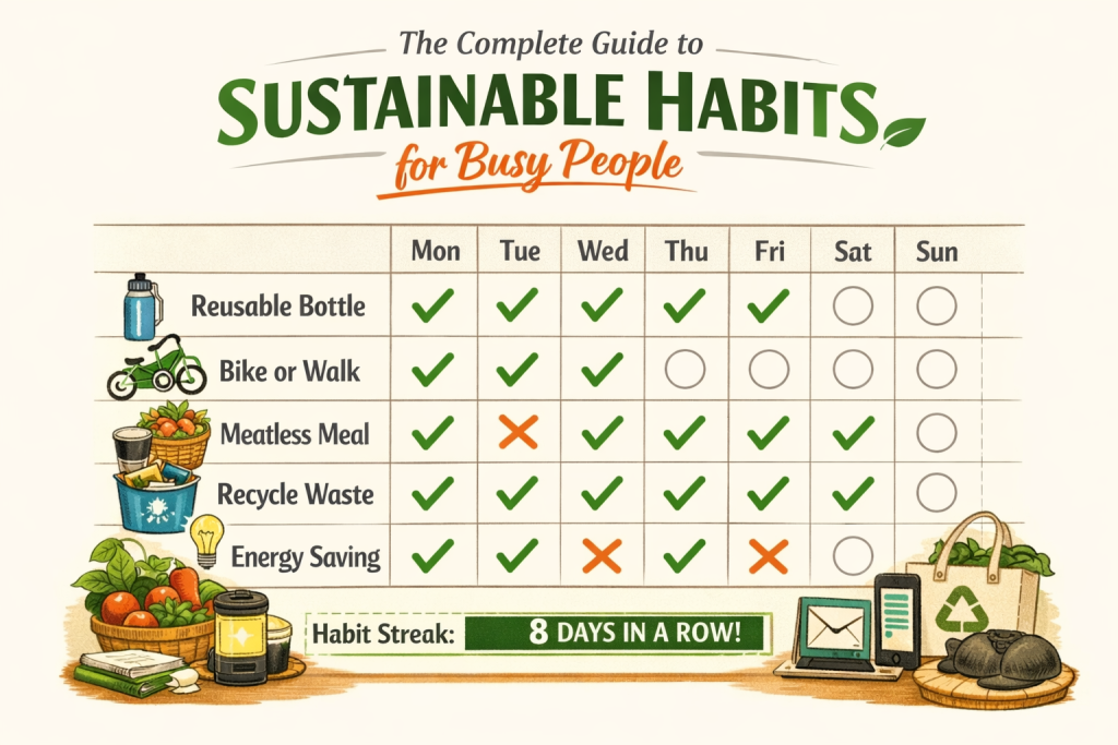 Infographic-style illustration for “The Complete Guide to Sustainable Habits for Busy People” showing a habit tracker chart with five eco-friendly habits: reusable bottle, bike or walk, meatless meal, recycle waste, and energy saving. Each row has checkmarks, empty circles, or Xs across the days of the week. A progress bar at the bottom reads “Habit Streak: 8 DAYS IN A ROW!” Title appears above in green and orange with a leaf icon.