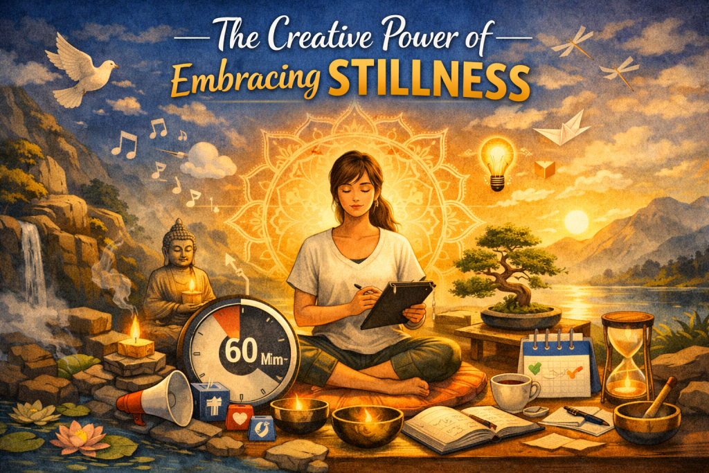 A peaceful digital illustration shows a young woman meditating cross-legged on a round cushion, eyes closed and hands resting in a mudra. She sits in front of a glowing mandala radiating warm light. To her left are a Buddha statue, a lotus candle, and incense smoke rising gently. To her right, a bonsai tree, books, a notebook, and a singing bowl rest on a wooden table. A calm pond with water lilies and smooth stones lies in the foreground, with a waterfall flowing nearby. Floating symbols include a dove, dragonflies, musical notes, and paper cranes. In the distance, misty mountains and a golden lake reflect the setting sun. The scene evokes serenity, mindfulness, and the creative clarity found in stillness.