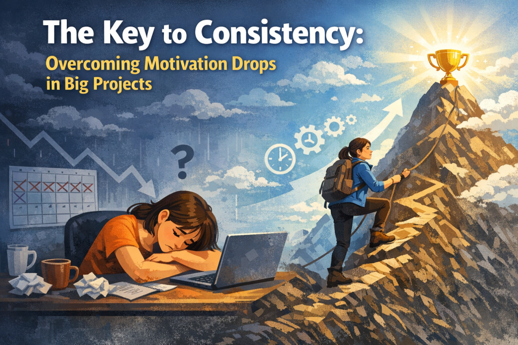 A split‑scene illustration showing the contrast between losing motivation and regaining momentum during a long project. On the left, a discouraged person slumps over a desk with a dim laptop, crossed‑out calendar days, and a downward trend line in the background. On the right, the same person climbs a bright upward path toward a flag and trophy at the top of a mountain, surrounded by icons of progress like gears, a clock, and an upward arrow. The left side uses darker blues and grays, while the right side glows with warm sunlight, symbolizing renewed consistency and forward motion.