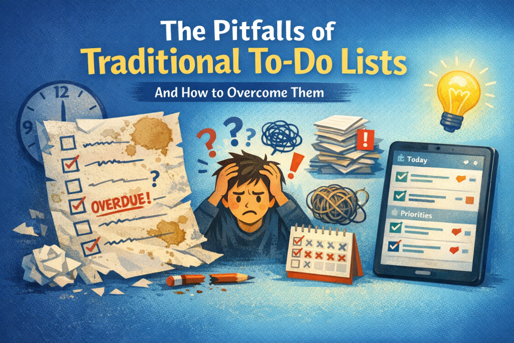 A split‑scene illustration showing the contrast between traditional to‑do list overwhelm and a calmer, more strategic planning system. On the left, a messy paper to‑do list is covered in scribbles, overdue marks, and unchecked boxes, surrounded by a broken pencil, crumpled notes, and a stressed person holding their head. On the right, a clean digital planning layout displays categorized tasks, priorities, and a glowing lightbulb symbolizing clarity and better methods. The background shifts from dark blue on the left to light blue on the right, representing the transition from overwhelm to control.