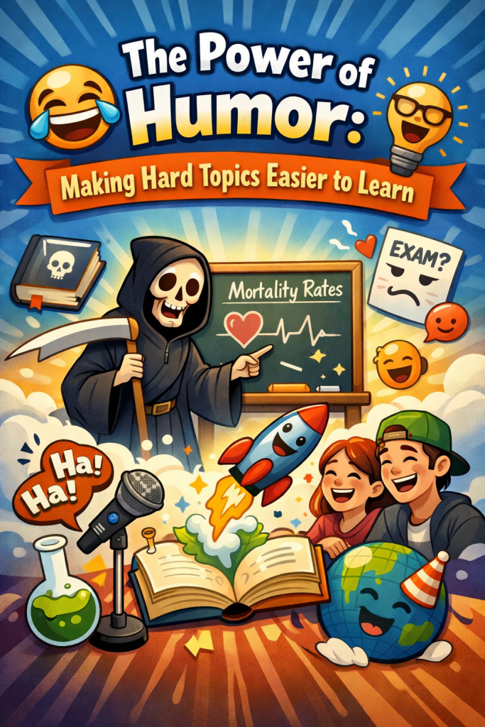 Colorful, playful illustration showing how humor makes difficult topics easier to learn. The top half features a bright blue background with bold title text and cheerful cartoon icons, including a laughing emoji, a smiling microphone, and a lightbulb character wearing glasses. The bottom half shows a humorous classroom scene: a friendly Grim Reaper‑style teacher pointing at a chalkboard labeled ‘Mortality Rates,’ while two students laugh together. An open book launches a smiling rocket, surrounded by a beaker of bubbling green liquid and a globe wearing a party hat. The overall tone is fun, inviting, and educational.