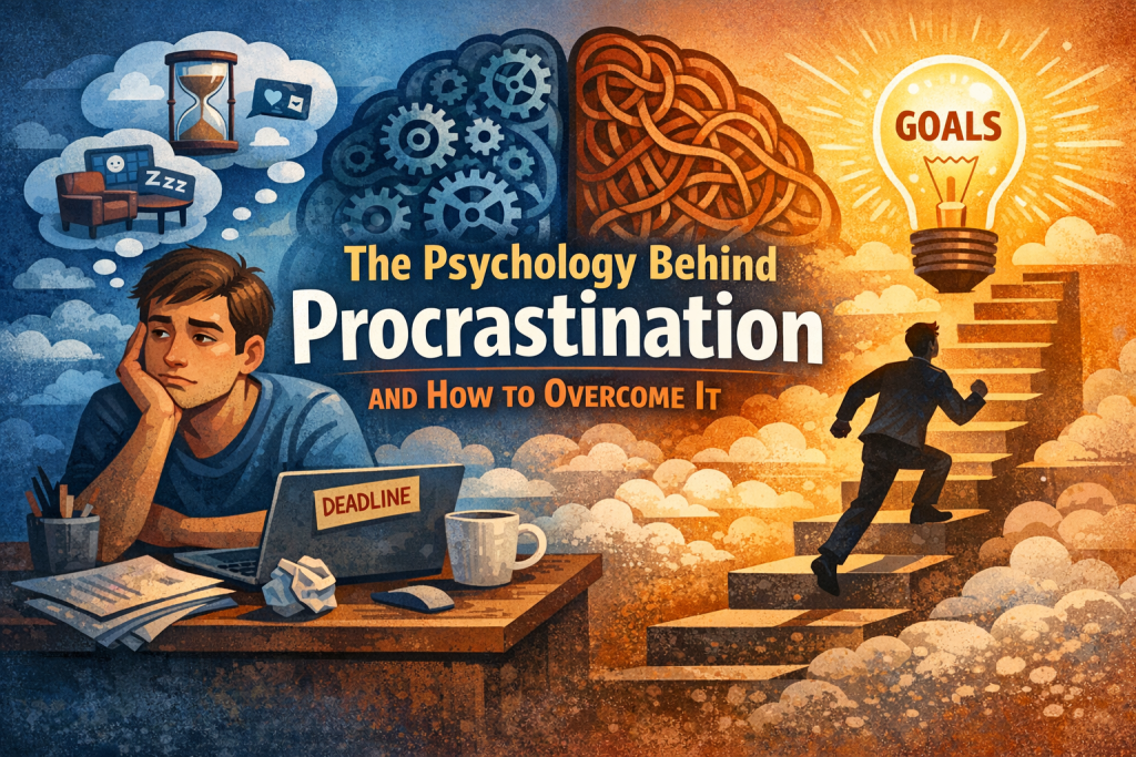 Illustration split into two contrasting halves showing the psychology of procrastination. On the left, a tired young man rests his head on his hand at a cluttered desk with a laptop labeled “deadline,” crumpled paper, and a coffee cup. Thought bubbles above him show distractions like an hourglass, social media icons, a couch and TV, and a sleep cloud. The background is cool blue with a brain filled with tangled wires. On the right, a silhouette of the same man climbs stairs toward a glowing lightbulb labeled “GOALS,” with warm orange light and a brain filled with gears. Large text reads “The Psychology Behind Procrastination and How to Overcome It.”