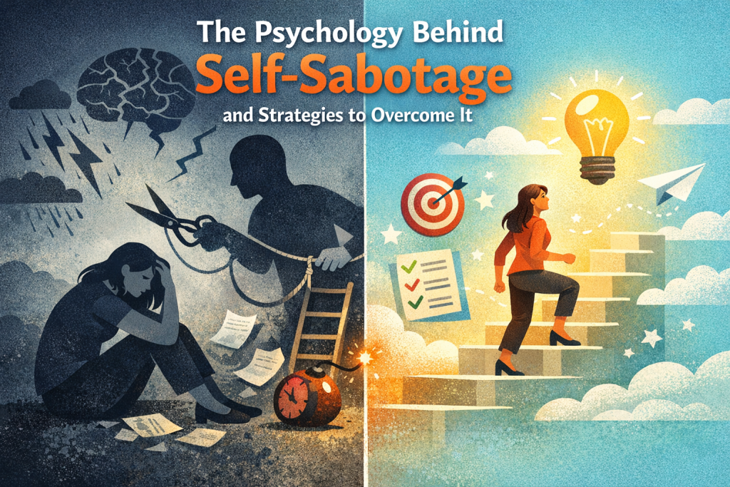A split‑scene illustration showing the contrast between self‑sabotage and growth. On the left, a woman sits in distress beneath a cracked brain silhouette and symbols of avoidance and overwhelm. On the right, the same woman climbs upward toward a glowing lightbulb surrounded by positive icons like a target and checklist. The title ‘The Psychology Behind Self‑Sabotage and Strategies to Overcome It’ appears across the top.
