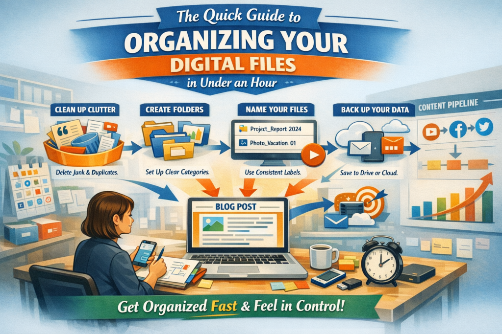 An infographic-style illustration titled “The Quick Guide to Organizing Your Digital Files in Under an Hour.” The top features bold text and a clock icon. Below, four steps are shown left to right: “Clean Up Clutter” with an overflowing folder and trash bin; “Create Folders” with labeled subfolders like Work, Photos, and Finances; “Name Your Files” with a screen showing consistent file names; and “Back Up Your Data” with icons for cloud storage and external drives. At the bottom, a laptop displays a countdown timer set to 59 minutes, surrounded by a phone, stopwatch, alarm clock, and USB drive. The background includes an office scene with shelves, a plant, and a window. A banner reads “Get Organized Fast & Feel in Control!”