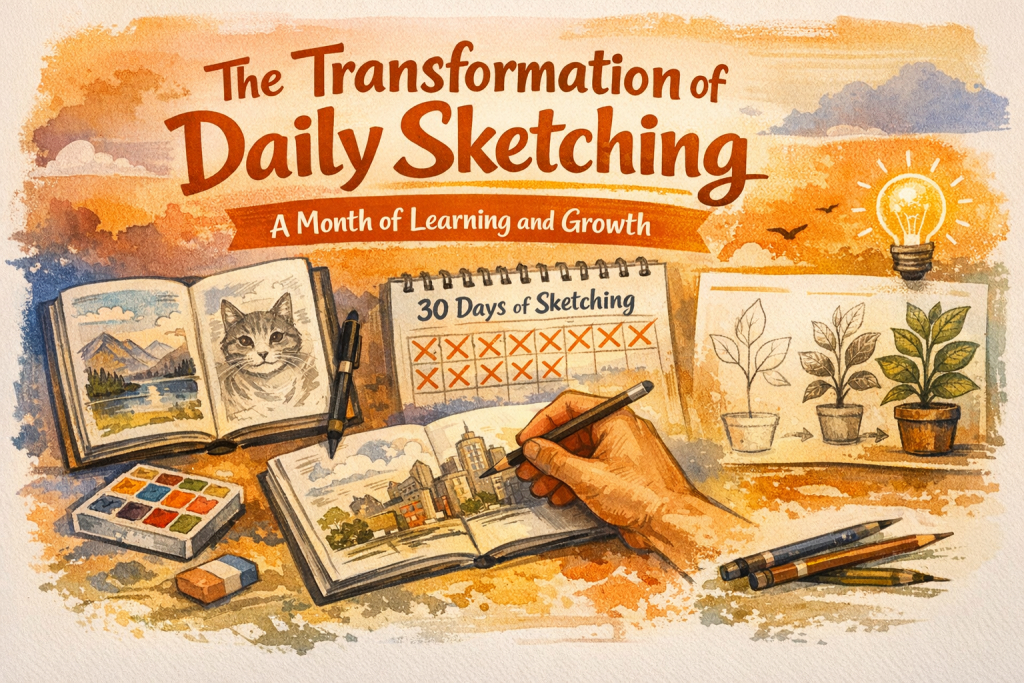 A warm, inviting illustration featuring an open sketchbook filled with drawings, an artist’s hand actively sketching a cityscape, and a calendar marked with 30 days of practice. Surrounding the sketchbook are pencils, pens, a watercolor palette, and a progression of plant sketches showing growth over time. Soft watercolor splashes and a glowing lightbulb symbolize creativity and learning. The title ‘The Transformation of Daily Sketching: A Month of Learning and Growth’ appears in bold, hand‑drawn lettering.