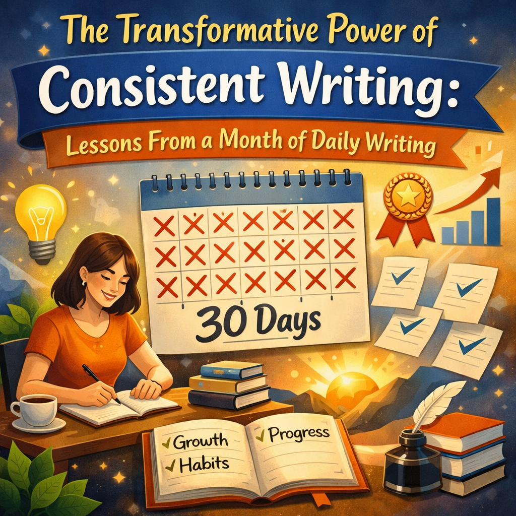 A bright, warm illustration showing a woman writing in a notebook at her desk, with a steaming mug, books, and a laptop nearby. A large monthly calendar filled with red X‑marks highlights 30 days of consistent writing. Around the scene are symbols of creative growth—lightbulb, checkmarked pages, upward arrow, medal, and an open journal labeled ‘Growth, Habits, Progress.’ The palette blends blues, oranges, and yellows to evoke clarity, momentum, and transformation.