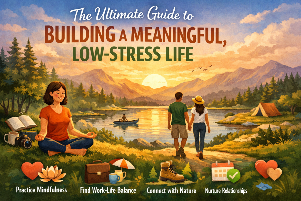 A warm, inviting illustrated landscape featuring a woman meditating on a grassy hill, a couple walking along a path, and a calm lake with mountains and a setting sun in the background. Small icons at the bottom highlight themes like mindfulness, work‑life balance, nature, and nurturing relationships. The title ‘The Ultimate Guide to Building a Meaningful, Low‑Stress Life’ appears in bold, colorful lettering at the top.