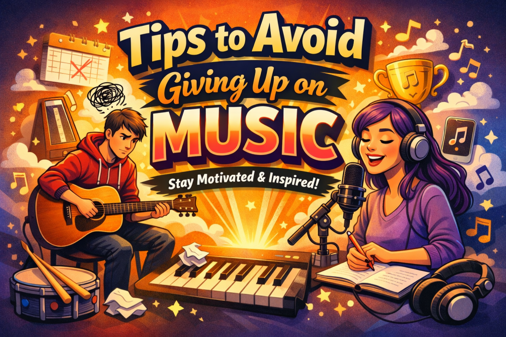 “Colorful illustration showing a frustrated guitarist and an inspired singer on opposite sides of the image, surrounded by musical symbols, instruments, and motivational elements. Bold 3D text reads ‘Tips to Avoid Giving Up on Music,’ creating an uplifting, encouraging header for a blog post about staying motivated as a musician.”