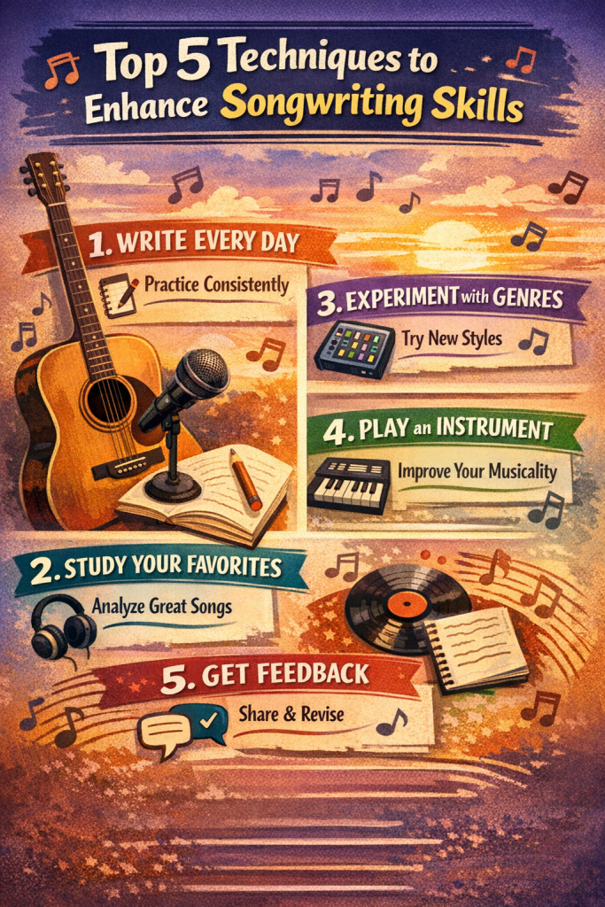 “Infographic titled Top 5 Techniques to Enhance Your Songwriting Skills displayed over a warm, sunset‑themed background with musical notes, a guitar, and a songwriter’s notebook. Five colorful sections highlight key techniques: Write Every Day with an acoustic guitar and notebook icon; Study Your Favorites with headphones and vinyl icon; Experiment With Genres with a mixing console icon; Play an Instrument with keyboard and sheet‑music icon; and Get Feedback with a speech‑bubble checkmark icon. Layout is clean, vibrant, and easy to scan, designed to inspire beginner songwriters.”