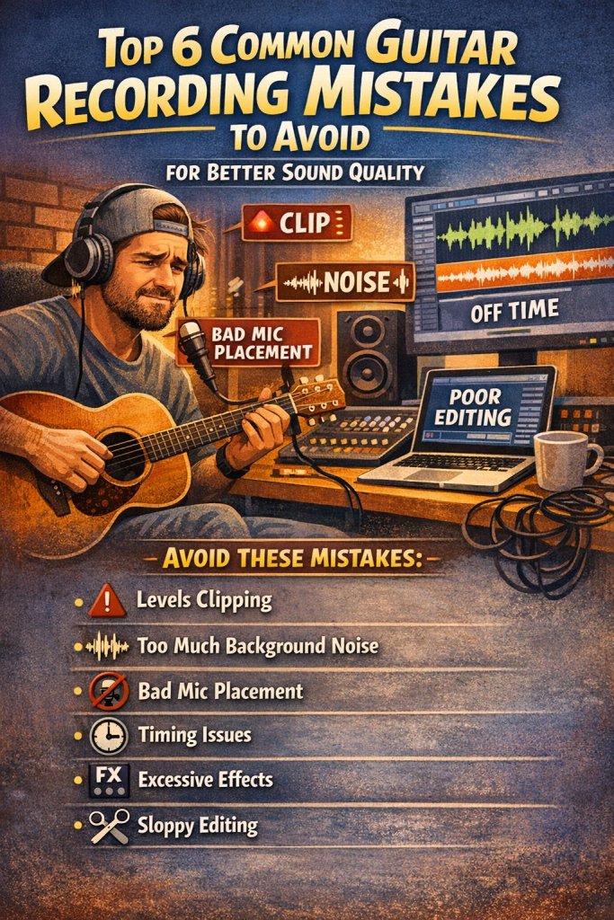 Illustration of a frustrated guitarist in a home studio with warning icons highlighting common recording mistakes such as clipping levels, background noise, bad mic placement, timing issues, excessive effects, and sloppy editing. A bold title reads “Top 6 Common Guitar Recording Mistakes to Avoid for Better Sound Quality,” with a checklist of the six mistakes displayed at the bottom.