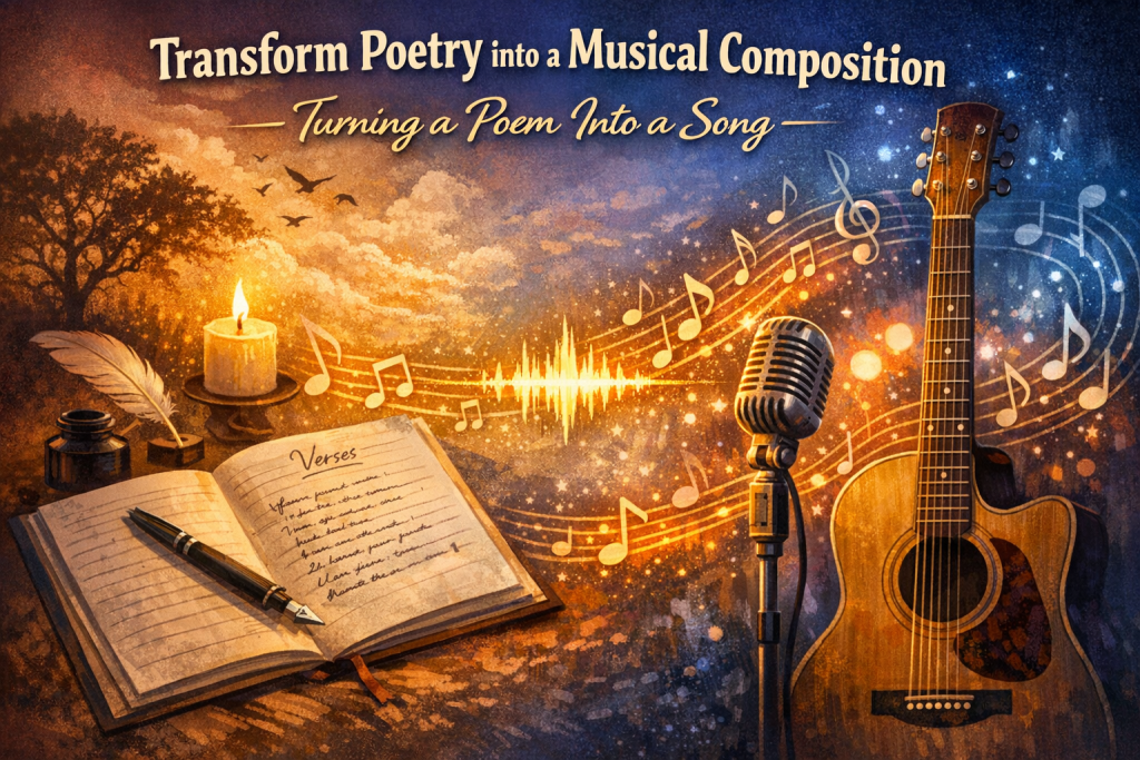 A split‑scene illustration showing the transformation of poetry into music. On the left, an open notebook with handwritten poetic lines, a fountain pen, and a glowing candle evoke quiet creativity. On the right, an acoustic guitar and vintage microphone represent musical expression. Flowing musical notes and a glowing soundwave connect both sides, symbolizing turning a poem into a song. Warm oranges blend into cool blues, with the blog title displayed above in bold and elegant lettering.