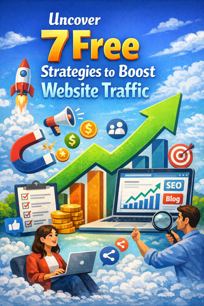 “Colorful digital illustration showing a rocket launch, upward‑pointing green arrow, laptop with SEO analytics, magnet attracting icons, and diverse creators working on laptops — representing seven free strategies to boost website traffic.”
