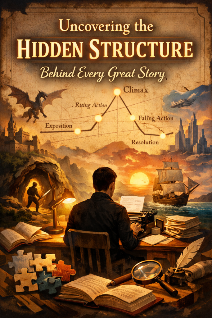 A warm, cinematic illustration showing a writer silhouetted at a desk, typing as glowing plot‑structure lines arc across an aged parchment backdrop labeled with classic story beats like exposition, rising action, climax, and resolution. Around the writer, small vignette scenes appear: a castle and dragon on the left, a ship at sea and a futuristic city on the right, symbolizing different genres all following the same underlying narrative blueprint. The overall mood blends creativity, discovery, and the hidden architecture of storytelling.