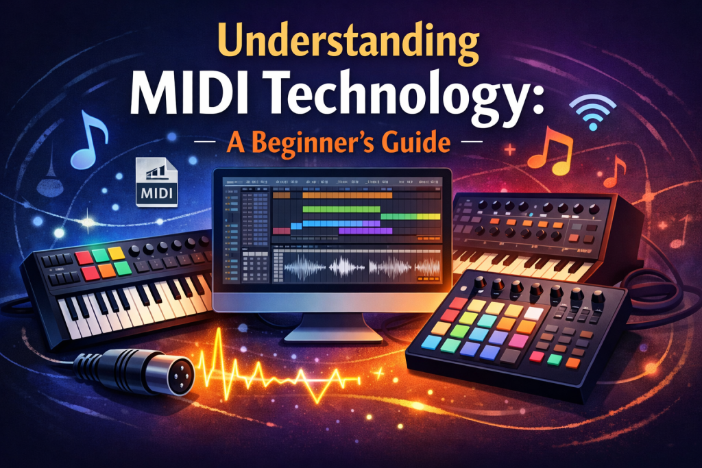“Digital illustration of a beginner‑friendly MIDI technology guide. A MIDI keyboard, pad controller, and synthesizer surround a computer screen showing a DAW with colorful MIDI tracks and a piano roll. Glowing cables, musical icons, and a blue‑purple gradient background create an inviting, modern music‑production atmosphere. Text reads: ‘Understanding MIDI Technology: A Beginner’s Guide.’”