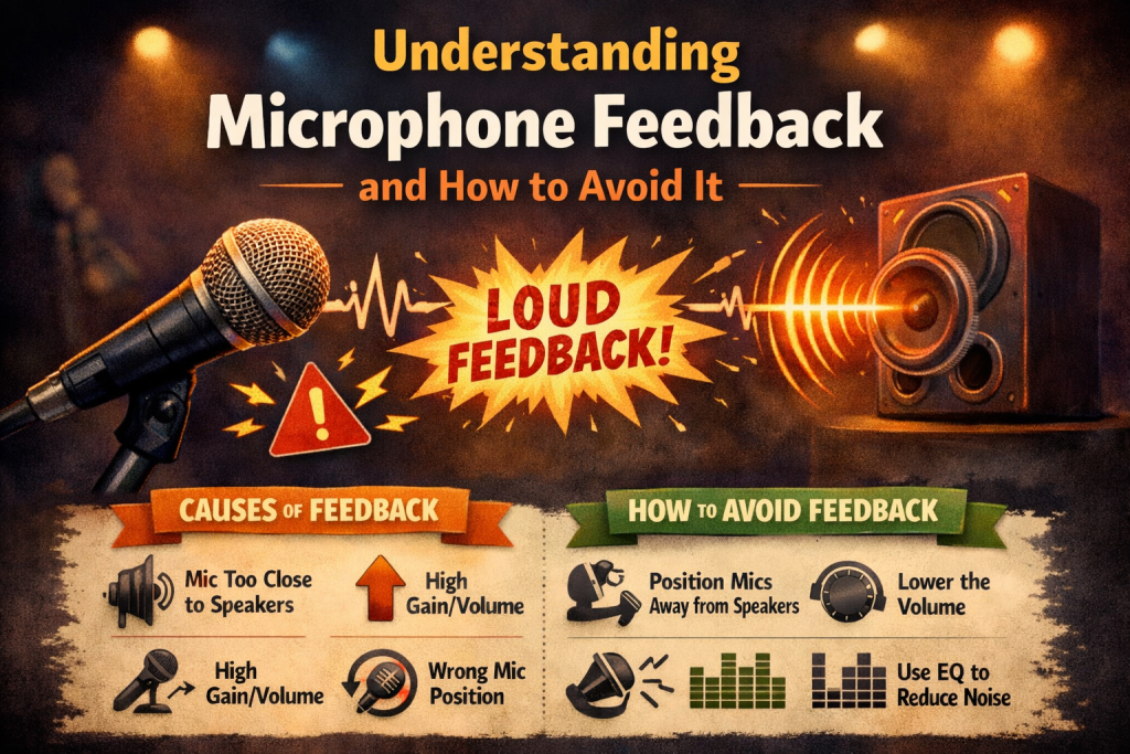 “Infographic showing a microphone facing a speaker with jagged sound waves illustrating feedback, plus two sections labeled ‘Causes of Feedback’ and ‘How to Avoid It,’ each with simple icons explaining mic placement, gain issues, and practical prevention tips.”