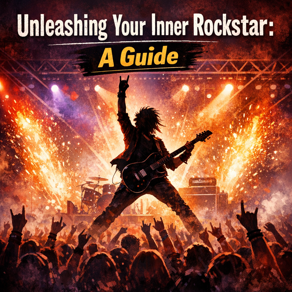 A vibrant concert‑style illustration featuring a silhouetted guitarist striking a triumphant rockstar pose onstage, surrounded by colorful lights, pyrotechnics, and an excited crowd with raised hands. The scene conveys confidence, self‑expression, and creative empowerment. The blog title “Unleashing Your Inner Rockstar: A Guide” appears in bold, high‑impact lettering at the top.