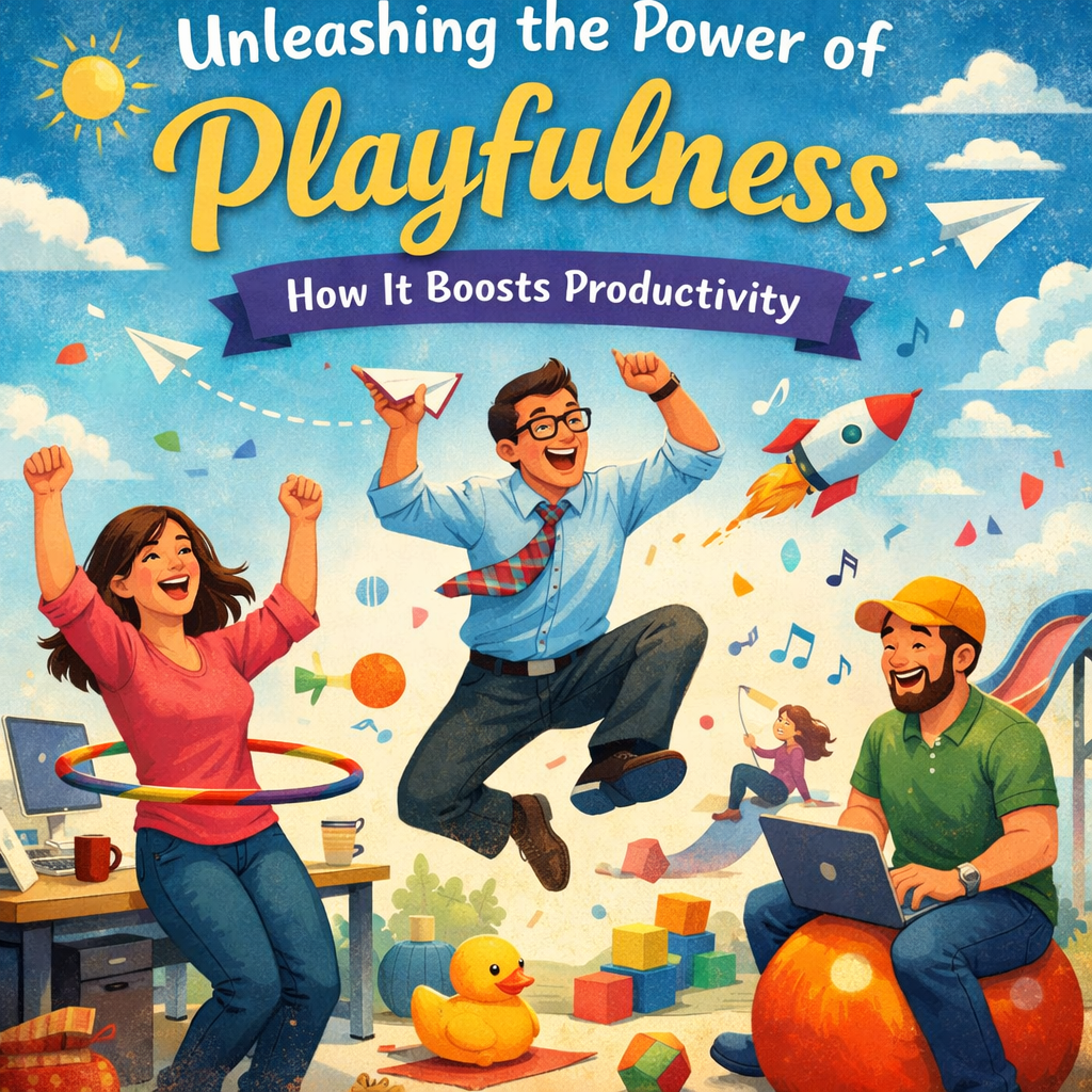 “Colorful, energetic illustration showing playful productivity at work. A woman hula‑hoops beside her desk, a man jumps joyfully while launching a paper airplane, and another person works on a laptop while bouncing on a stability ball. Paper airplanes, confetti, and whimsical objects like building blocks and a rubber duck float around them. The sky‑blue background features a sun, fluffy clouds, and a bold, cheerful title: Unleashing the Power of Playfulness: How It Boosts Productivity. The overall mood is light, creative, and motivating.”